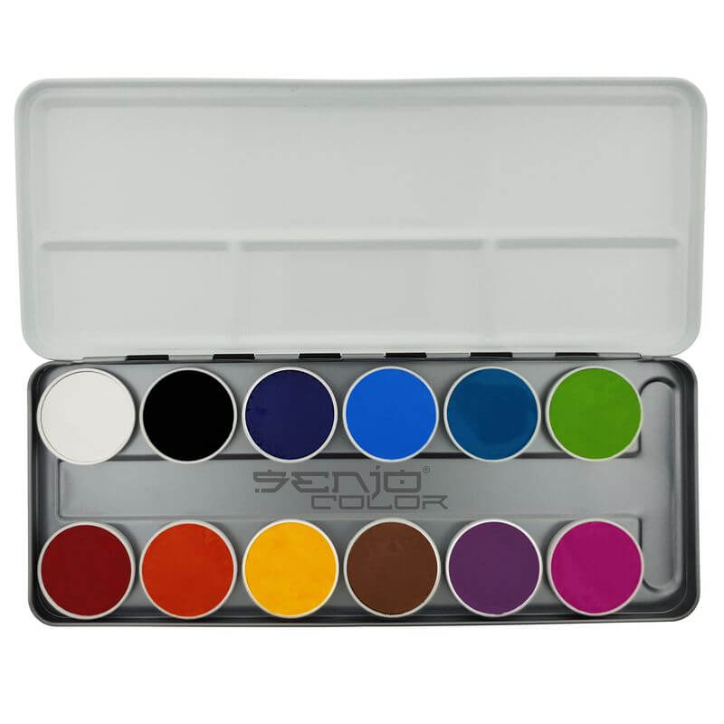 geöffnete Schminkpalette mit 12 Aqua Farben von Senjo Color für Kinderschminken, Facepainting, Bodypainting
