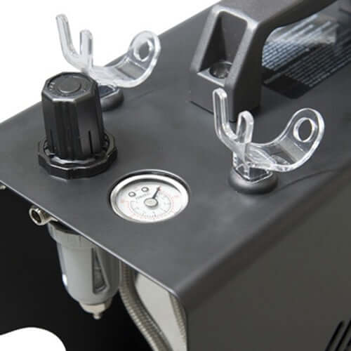 Airbrush Compressor 610H Plus View with fitting and airbrush holder