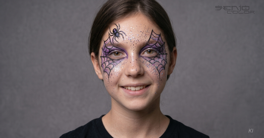 Spinnennetz Schminkmotiv um die Augen mit Spinne und lila Schattierung und Glitzer