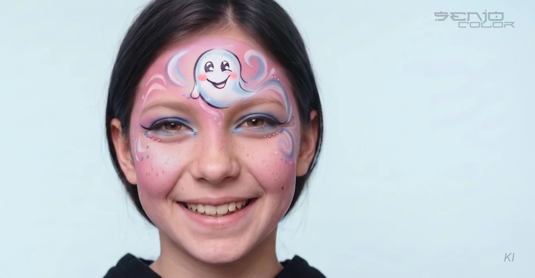 Mädchen mit Kinderschminke Motiv Geist auf der Stirn rosa Grundierung und Schnörkel zur Verzierung