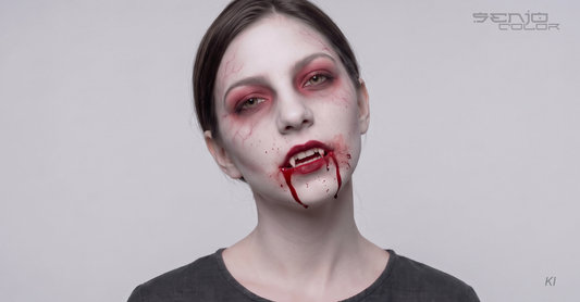 Vampir schminken Vorlage mit weißer Grundierung und Kunstblutmund