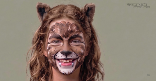 Mädchen im Gesicht als brauner Werwolf geschminkt