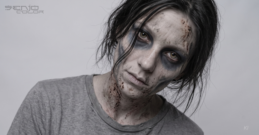 Frau mit Zombie-Make-up: Weiße Grundierung und grau-schwarze Schattierungen 