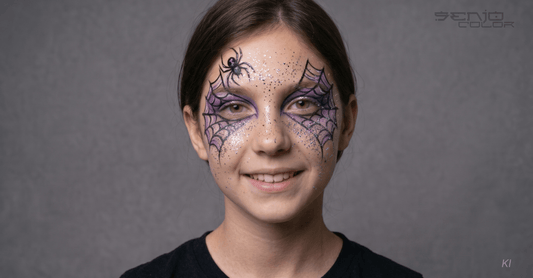 Spinnennetz Schminkmotiv um die Augen mit Spinne und lila Schattierung und Glitzer