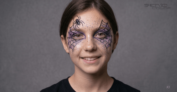 Spinnennetz Schminkmotiv um die Augen mit Spinne und lila Schattierung und Glitzer