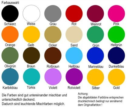 Farbtabelle für Senjo-Color Basic Bodypainting Farben