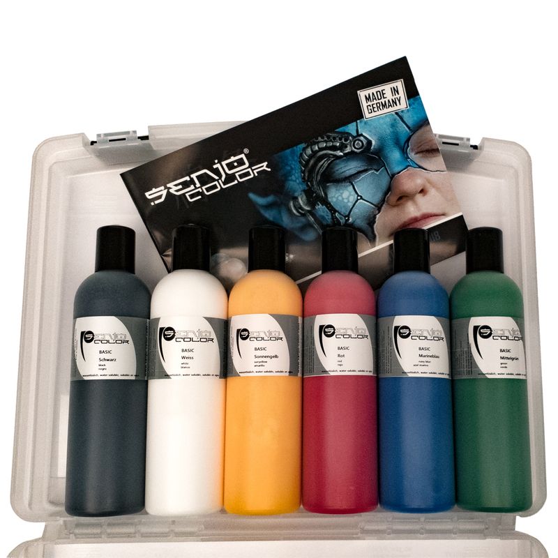 Airbrush Bodypainting Farbe im Set mit Flaschen Senjo Color Basic 250ml im offenem Koffer